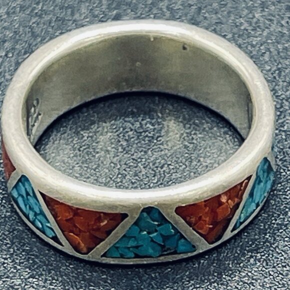Carolyn Pollack Relios ring Silver 925 Navajo SW CORAL & TURQUOISE S 5.5 << 6 - Picture 3 of 10
